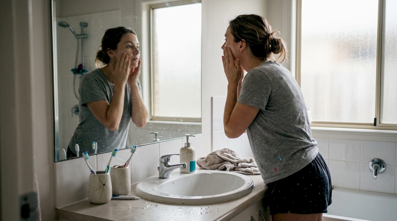 Woman applying moisturizer at bathroom mirror