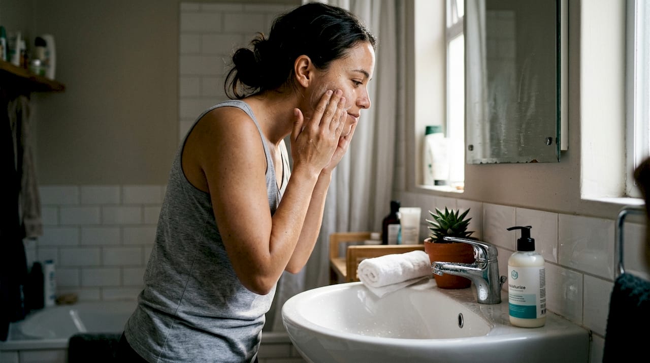 Woman using gentle facial cleanser at home