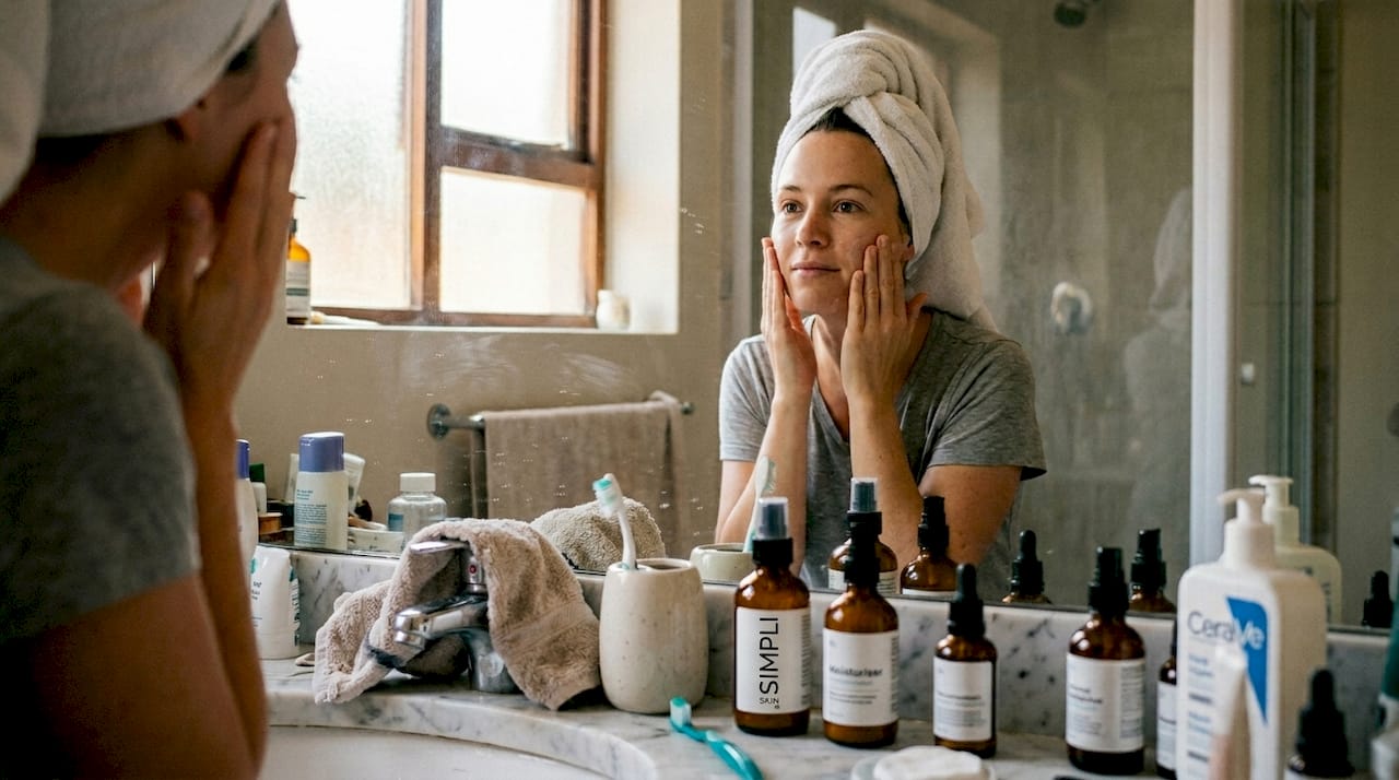 Woman applying moisturizer in sunlit bathroom
