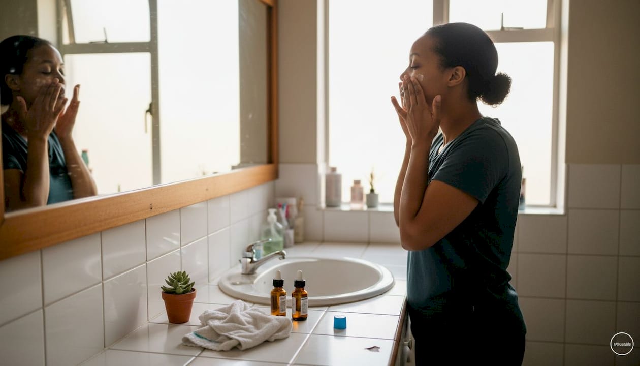 Woman applies cream at home bathroom