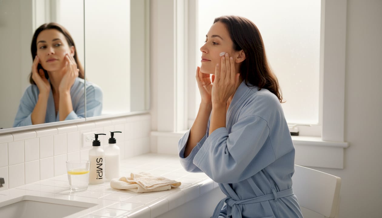 Woman applying moisturizer at bathroom vanity