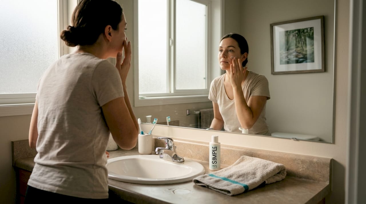 Woman applying lotion in bathroom mirror