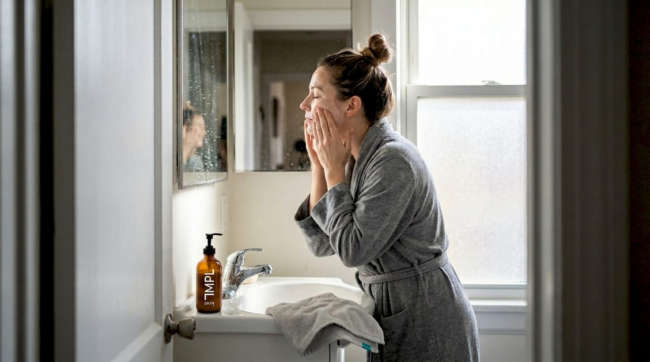Woman doing simple skincare routine at bathroom sink