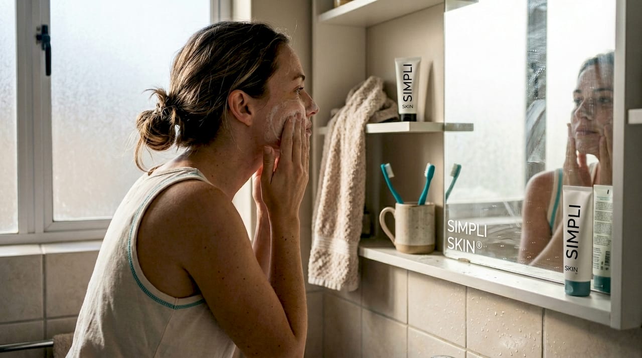 Woman cleansing face during daily skincare