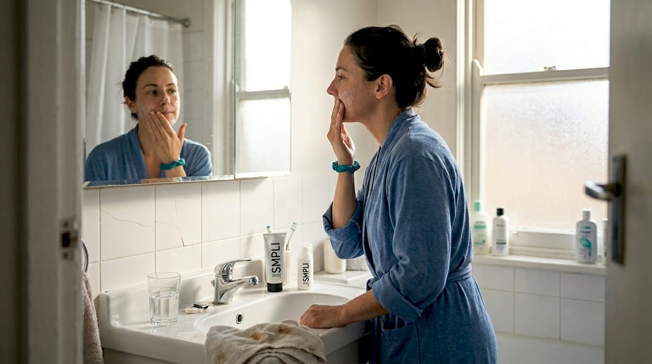 Woman following simple skincare routine in morning
