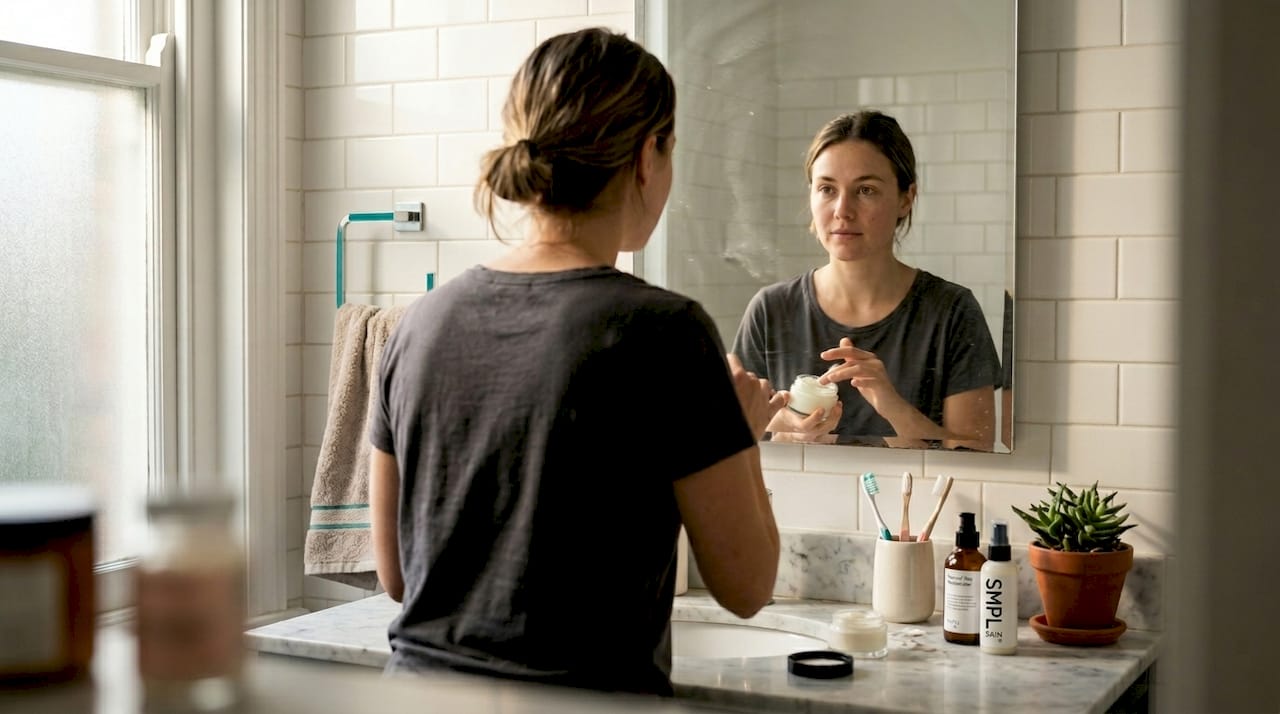 Woman applying skincare at bathroom counter