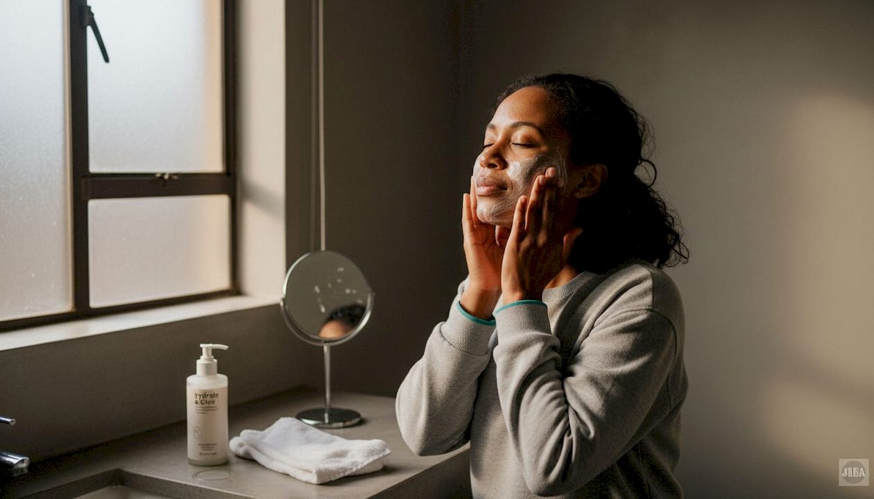 Woman applying cleanser at bathroom vanity
