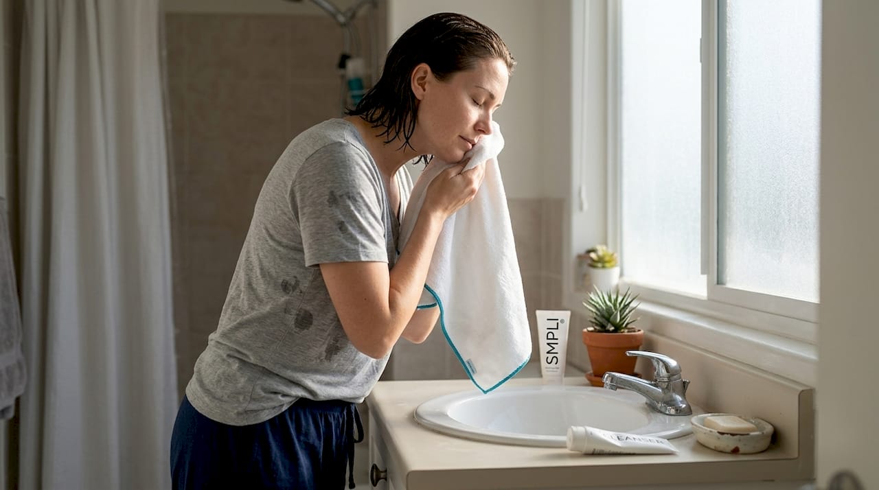 Woman washing face in minimalist bathroom