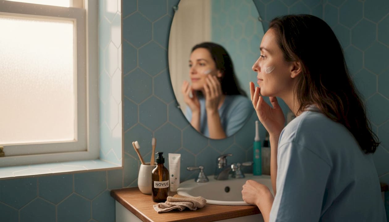Woman applying moisturizer at bathroom vanity