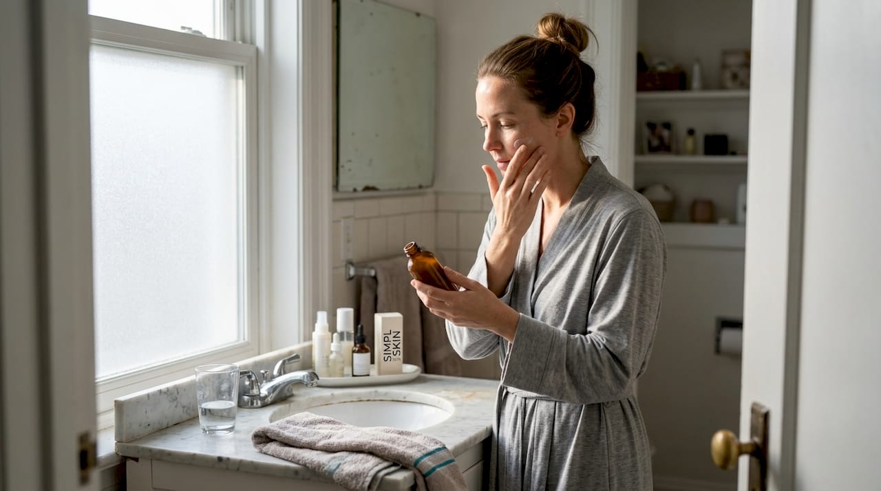 Woman applying moisturizer at bathroom vanity