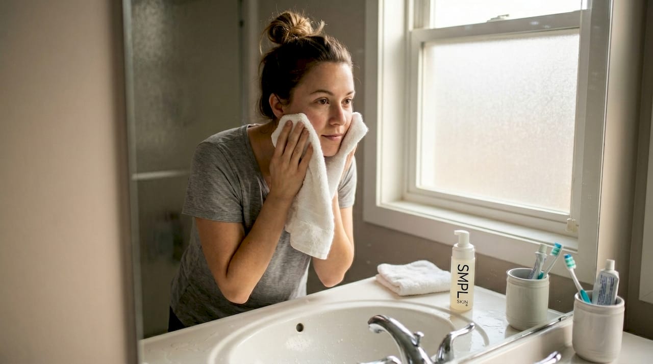 Woman drying face at bathroom sink after wash