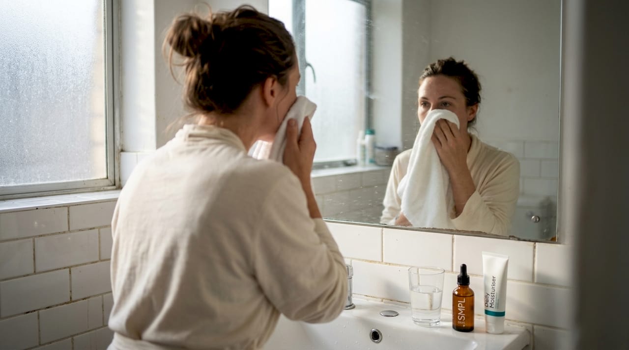 Woman hydrating skin at bathroom sink