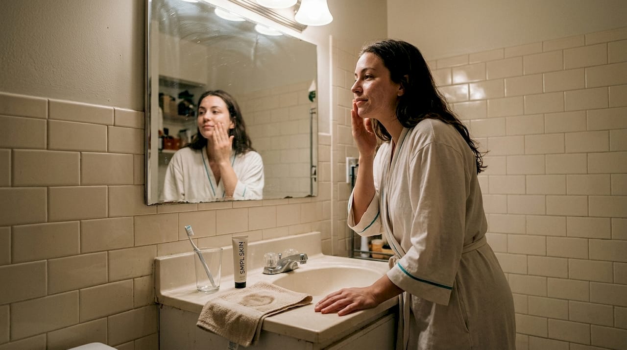 Minimalist skincare routine in home bathroom