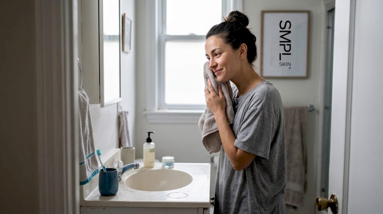 Woman doing minimalist morning skincare routine