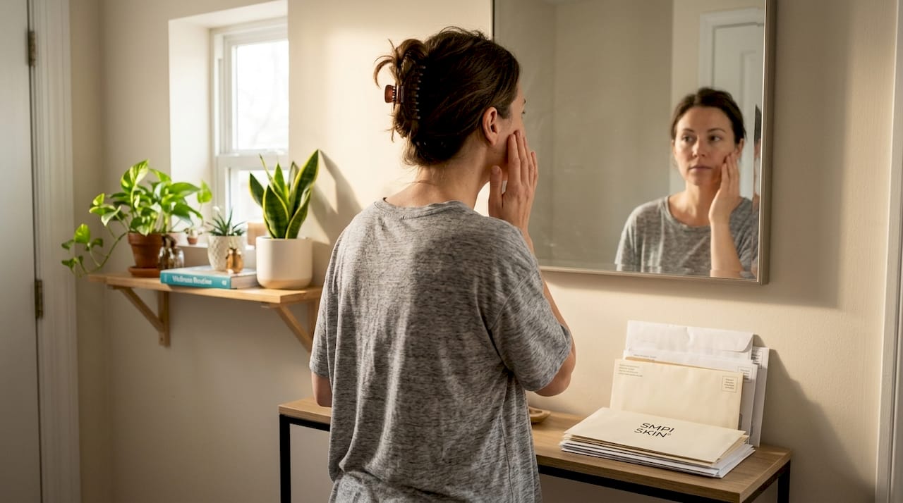 Woman checks skin in home mirror naturally