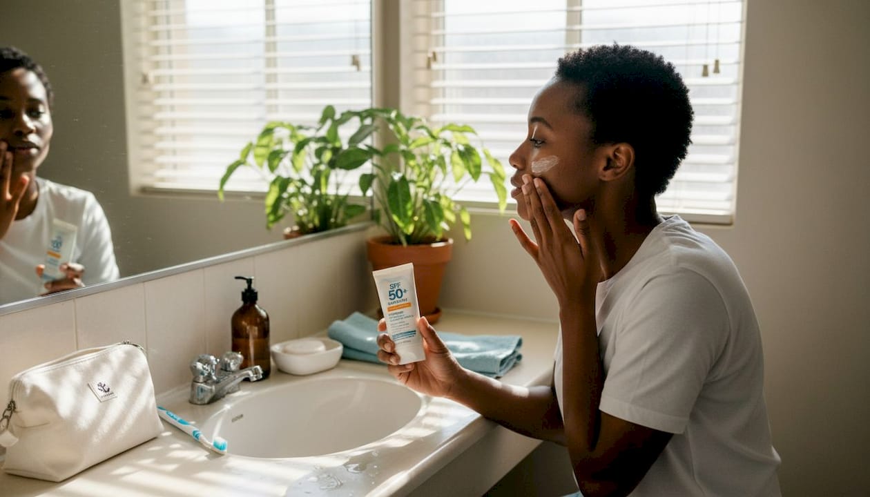 Woman applying moisturizer and sunscreen morning