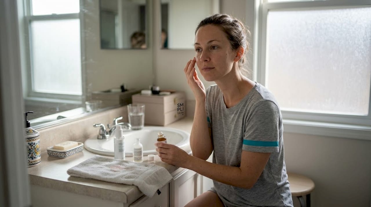 Woman applying serum in everyday bathroom
