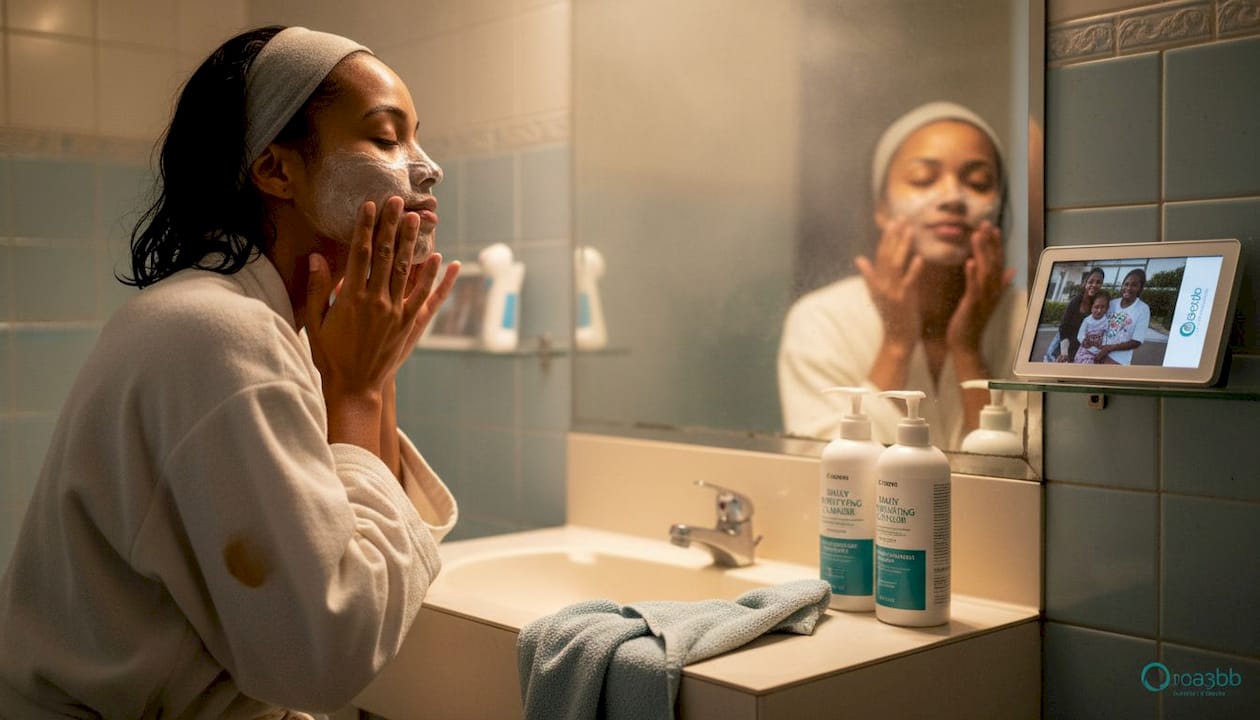 Woman double cleansing her face at bathroom sink