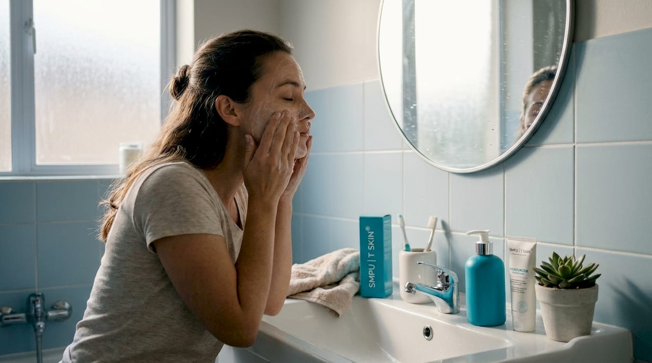 Woman gently cleansing face at bathroom sink