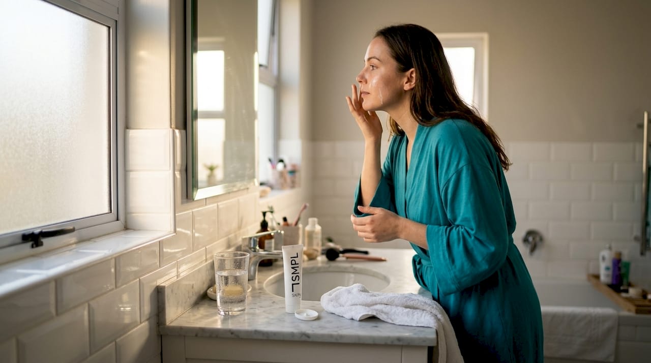 Woman applying moisturizer in sunlit bathroom