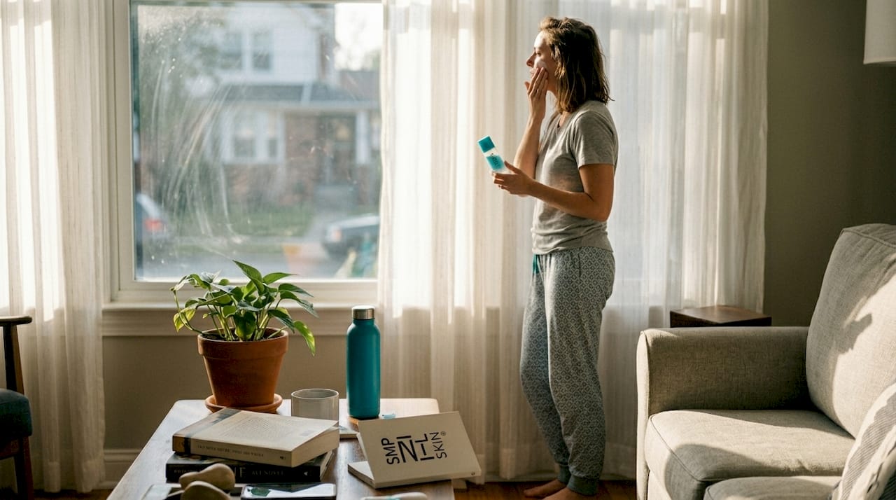 Woman applies sunscreen by living room window