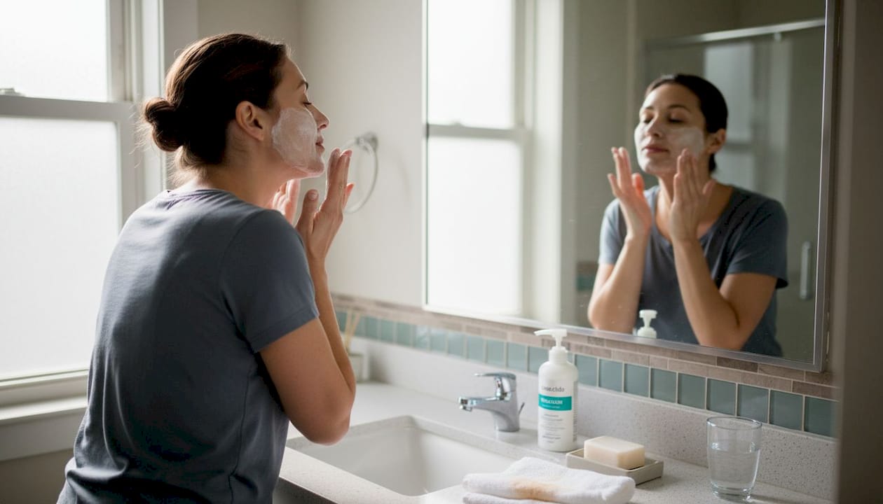 Woman gently cleansing face in apartment bathroom