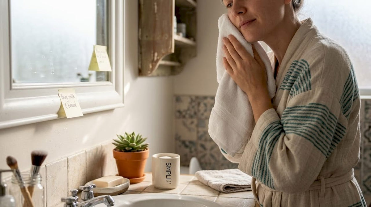 Woman doing skincare routine at bathroom sink