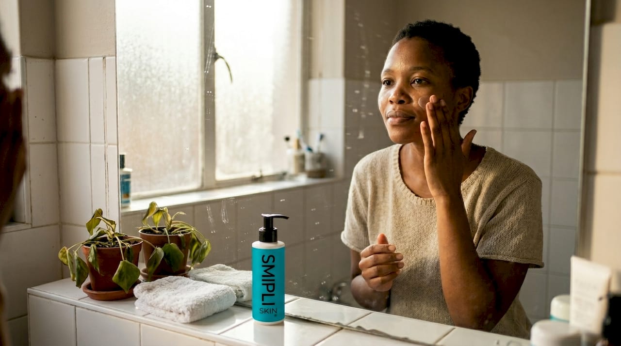 Woman applying moisturizer in bathroom