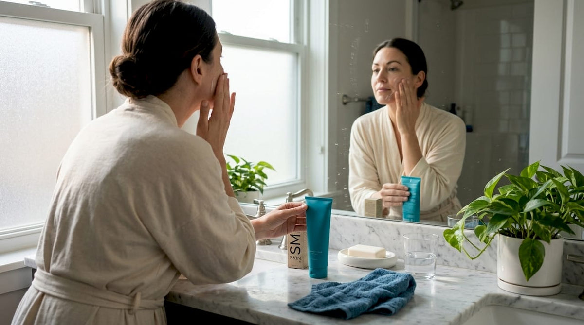 Woman applying moisturizer in calm morning routine