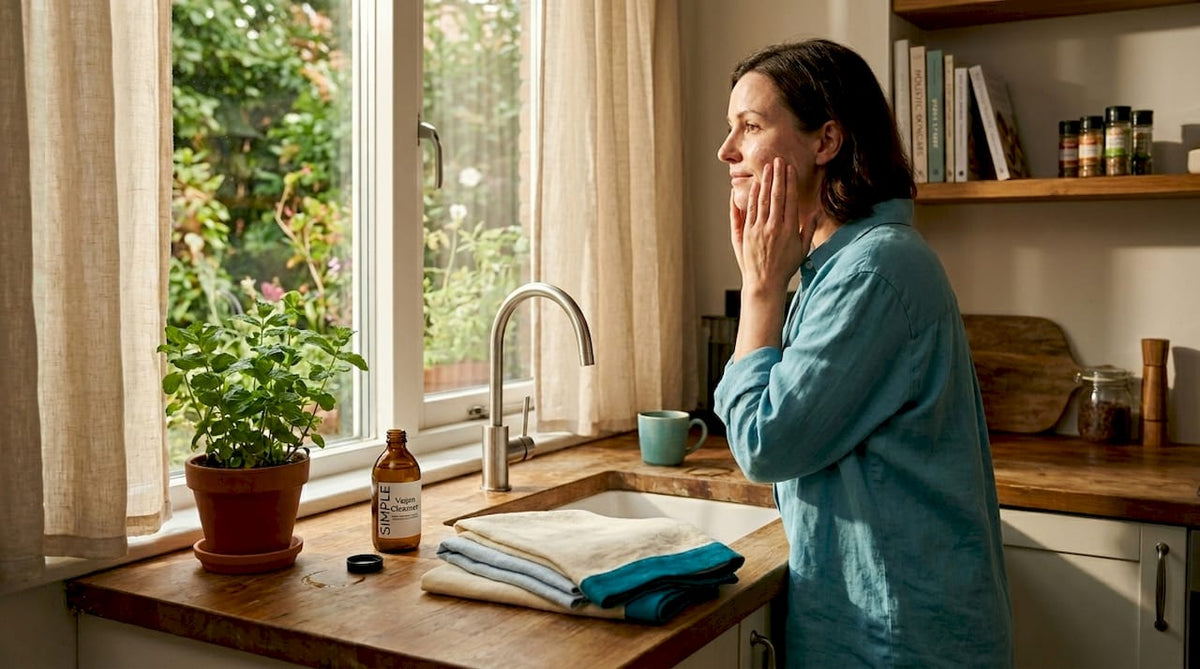 Woman applying vegan skincare in sunlit bathroom