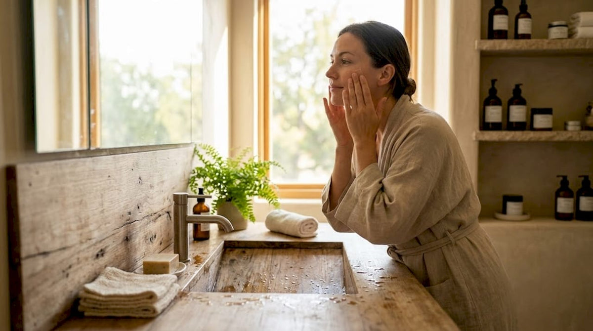 Woman applying serum at bathroom sink