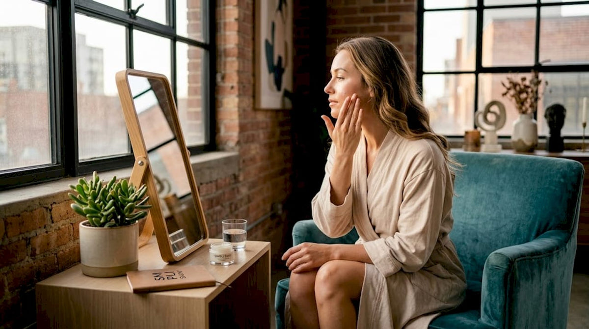 Woman applying moisturizer in morning light
