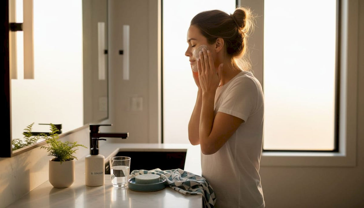 Woman using cleanser at bathroom sink