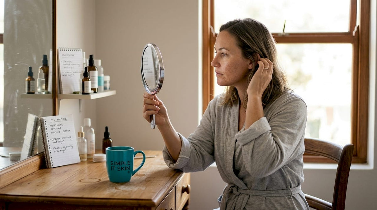 Woman analyzing skin at bedroom vanity