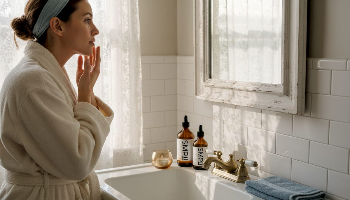 Woman applying serum at bathroom sink
