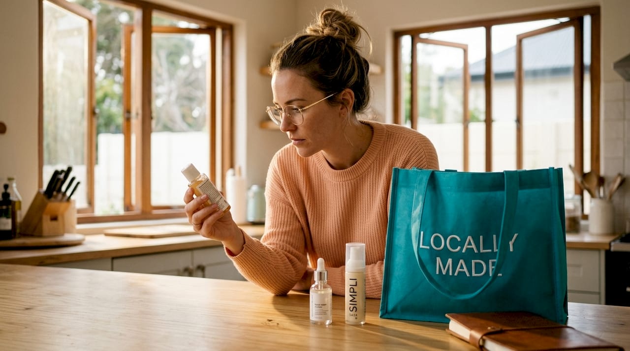 Woman reading skincare product labels in kitchen