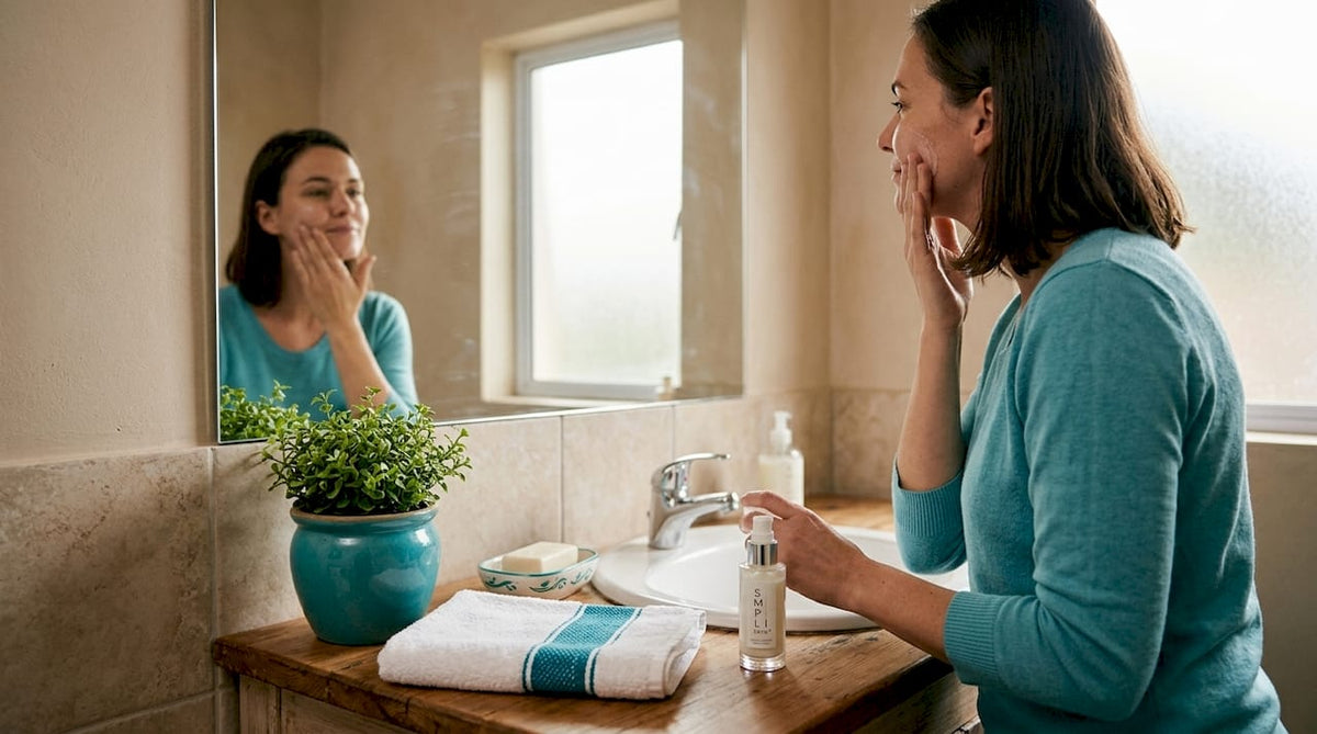 Applying moisturizer at bathroom sink