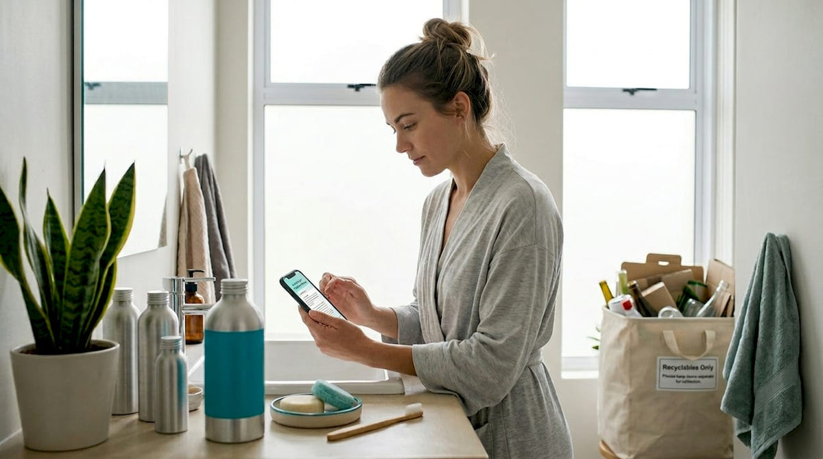 Woman arranging eco beauty products in bathroom