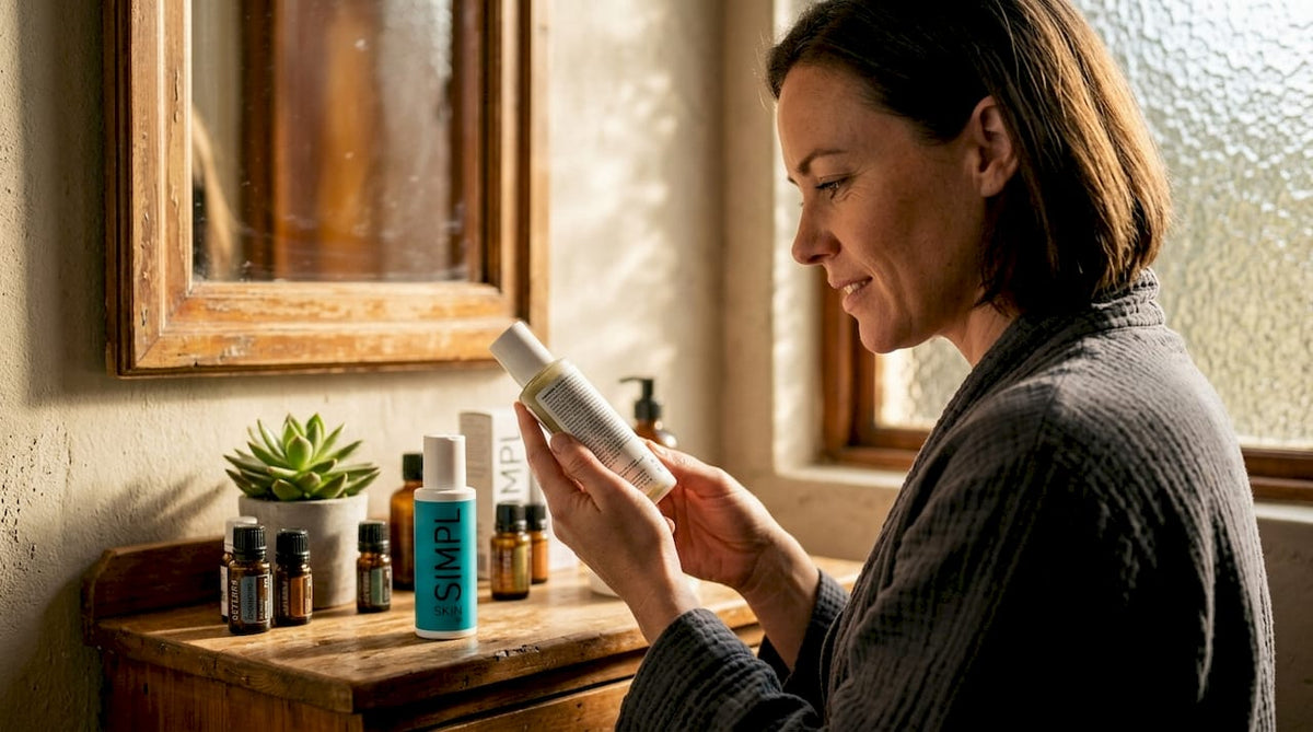 Woman examines skincare label by bathroom sink