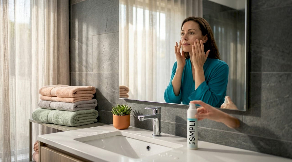 Woman applying moisturizer in bathroom mirror