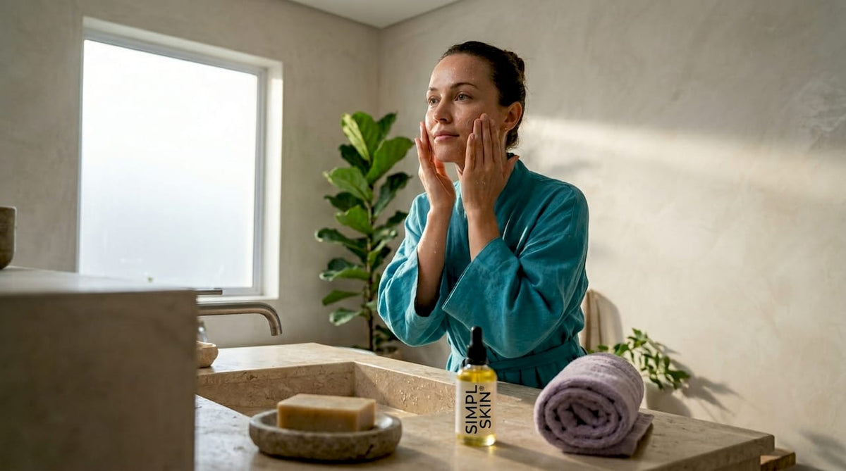 Woman applying moisturizer in bathroom morning light